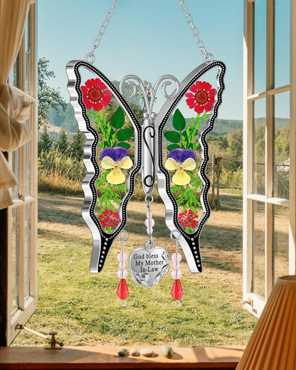 KY&BOSAM Gifts for Mom Suncatcher Butterfly God Bless My Mother-in-Law Gifts Mothers Day Stained Glass Sun Catcher Hanging Wind Chime Ornament for Window Gift for Women Valentine`s Birthday Christmas