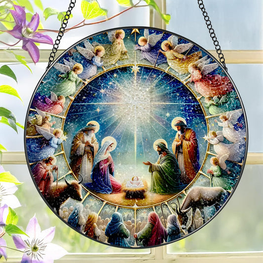 Stained Glass Window Hanging, LAOWEIKI 8'' Nativity Scene Suncatcher, Stained Glass Ornament