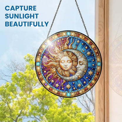 FLAGWIX Christmas Spiritual Gifts for Women Men - Stained Glass Window Hanging 10 in for Sun and Moon Decor - Sun Catchers Indoor Window, Boho Suncatchers for Celestial Decor, Christmas Decorations
