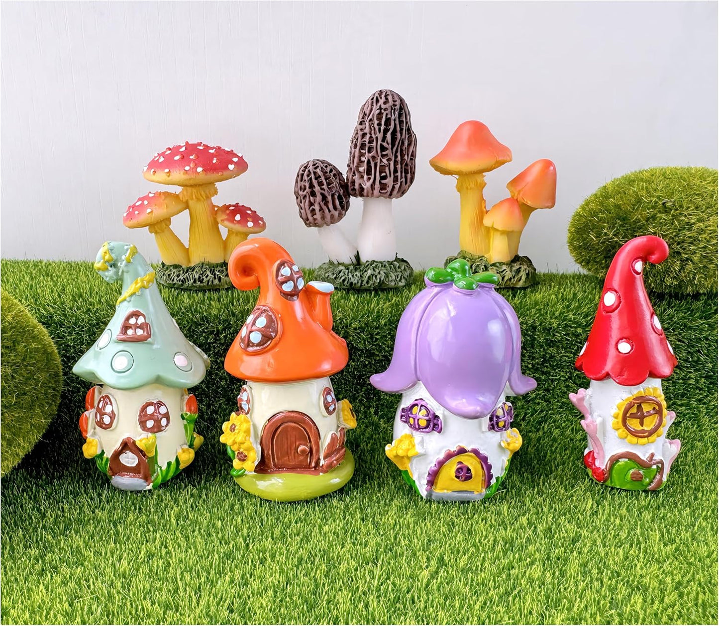 Mini Mushroom House Set - 4pcs Miniature Houses and 3pcs Mini Mushrooms for Fairy Gardens, Micro Landscapes, Moss Decorations (Mushroom House)