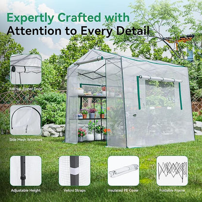 Joyside 8 x 6 FT Outdoor Pop up Greenhouse with Adjutable Reinforced Frame, Durable PE Cover and Mesh Windows, Portable Greenhouse for All Seasons, Easy Set Up (White, 8 x 6 FT)