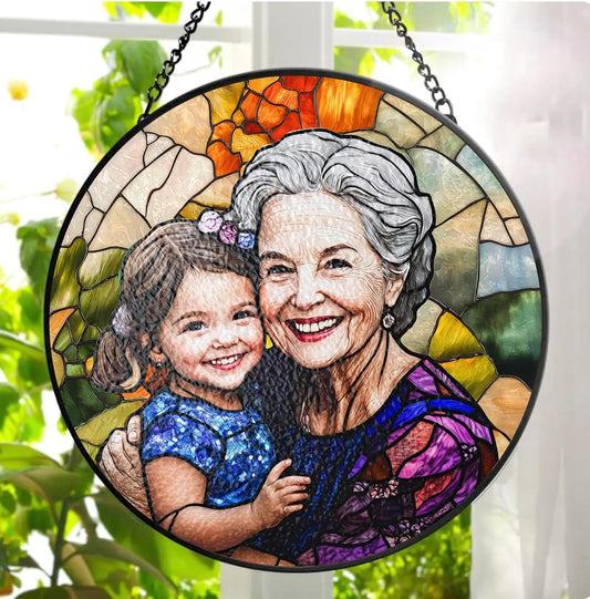 LOVELYPOD Personalized Grandma Stained Glass Sun Catcher, Photo Family Portrait Faux Window Hanging