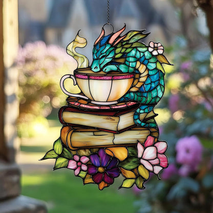 Acrylic Suncatcher Colorful Window Hanging Ornament Sun Catcher Panel for Home Decor Car Garden Gift Fantasy Dragon Book Tea