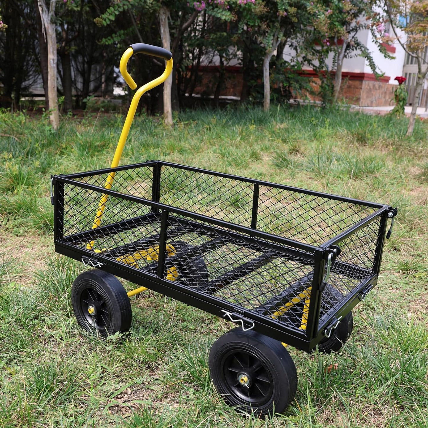 Heavy-Duty Solid Tire Garden Dump Cart - 4.86 cu. ft. Yard Wagon Cart with 600 LBS Capacity & Spacious Mesh Bed (37" x 19.5") - No-Flat Tires, Utility Wagon