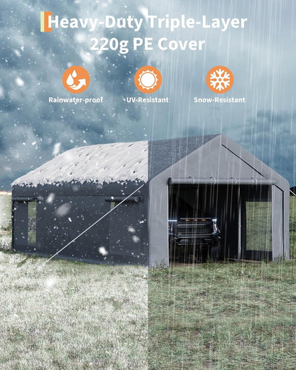 GarveeLife 13x25 ft Carport with 10 Sandbags, Car Port with 220 g PE Tarp, 2 Roll-Up Doors, and 4 Windows, for Full-Size Pickups, Bass Boats, Tractors, and SUVs, Gray