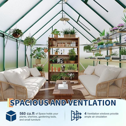 8'X10' Aluminum-Framed Polycarbonate Greenhouse, Heavy Duty Polycarbonate Greenhouse with Quick Setup Structure and Roof Vent, Large Enhanced Aluminum Greenhouses Kit for Outdoors