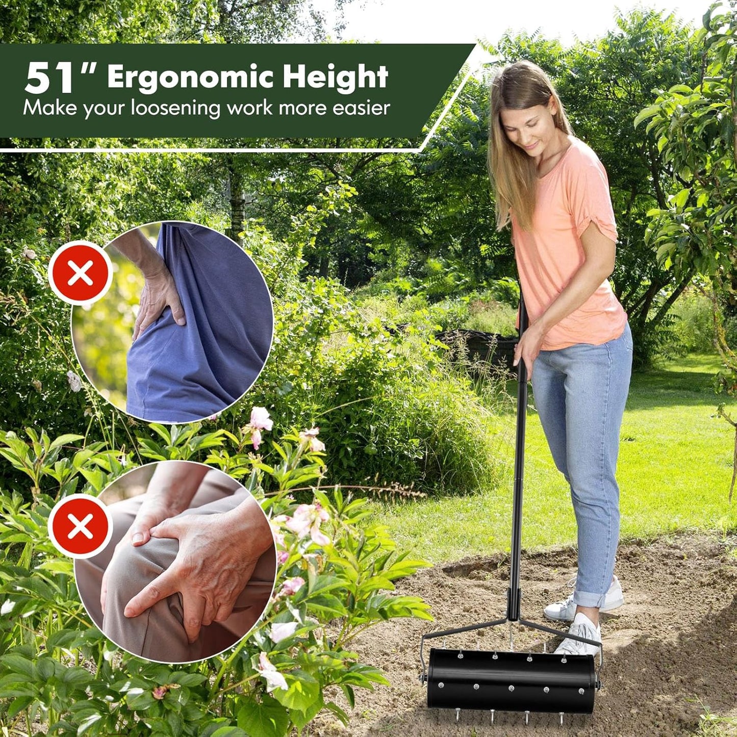 S AFSTAR 18" Manual Lawn Aerator, Heavy Duty Rolling Aerator Lawn Tool Filled Sand Stone with 51" Detachable Handle & Tine Spikes for Soil Loosening, Push Grass Aeration for Garden Yard, Black
