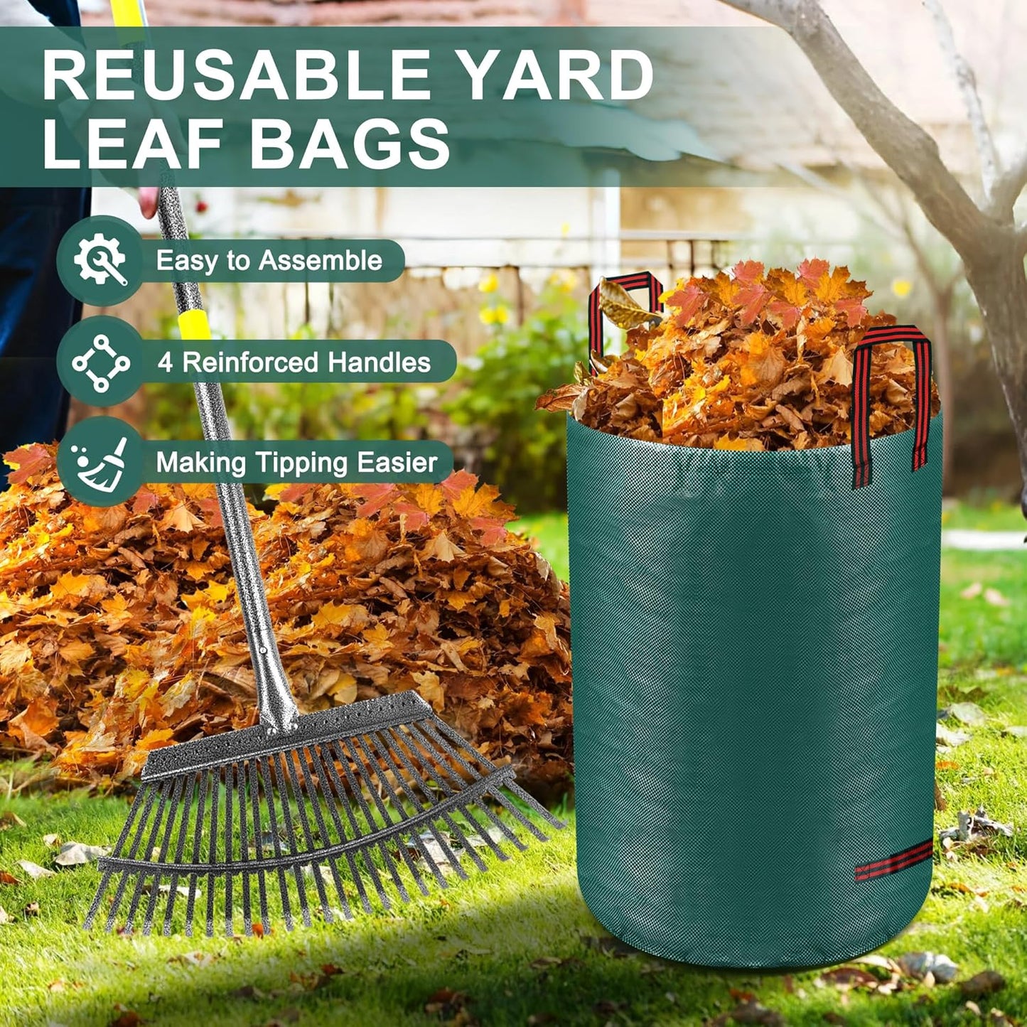Adjustable Garden Leaf Rake Set, 18" Wide, 25 Tines, 37-79" Handle Metal Leaf Rake with 2 Pack 32 Gallons Leaf Bags and Scoops. Heavy Duty Graden Rakes Set for Lawn, Grass, Shrubs, Flower Beds