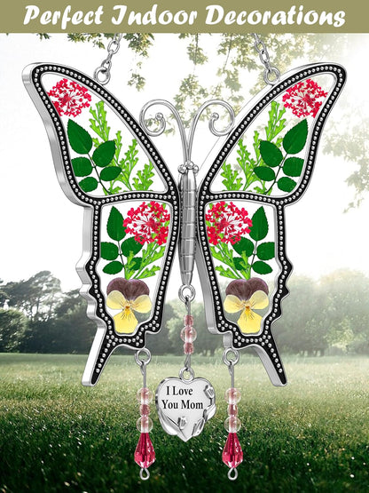 KY&BOSAM Butterfly Suncatcher for Windows Hanging I Love You Mom Stained Glass Wind Chimes Decor Pressed Real Flower in Glass with Heart Charm Mom Gifts Birthday Gifts for Women Mothers Day Christmas