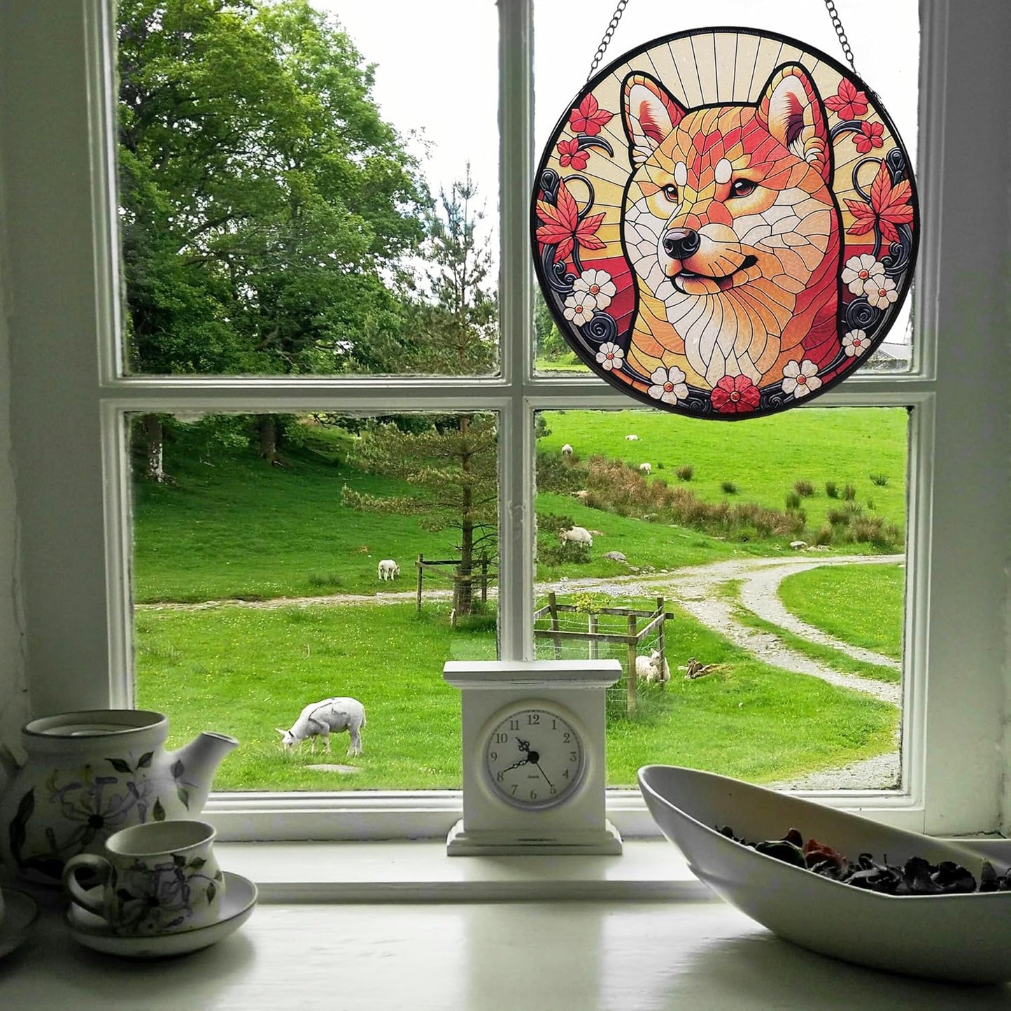 Stained Glass Dog Memorial Suncatcher,Shiba Inu Window Hanging,Sympathy Gifts for Pet Loss,7.9 inch/20 cm Home and Garden Decor for Dog Lovers (Shiba Inu)
