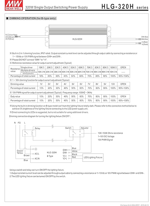MEAN WELL HLG-320H-42B Switching LED Driver Power Supply, Current Adjustable by Output Cable, 42