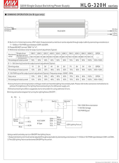 MEAN WELL HLG-320H-42B Switching LED Driver Power Supply, Current Adjustable by Output Cable, 42