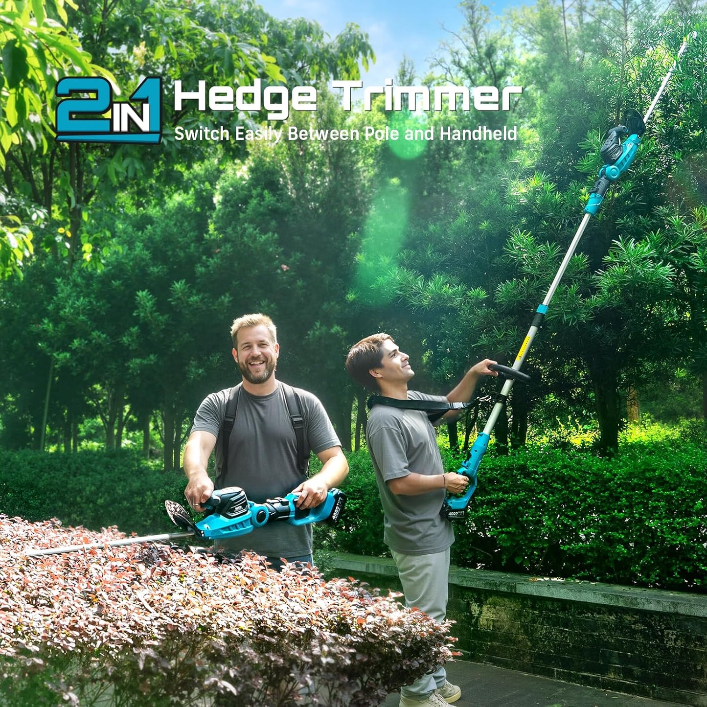 SEESII Pole & Cordless Hedge Trimmer 2-in-1: Electric Bush Trimmer with 20" Dual-Action Blade - 2 Pcs 4.0Ah Batteries, Telescopic Pole, Adjustable Rotating Head, Handheld Hedge Cutter for Tree Shrubs