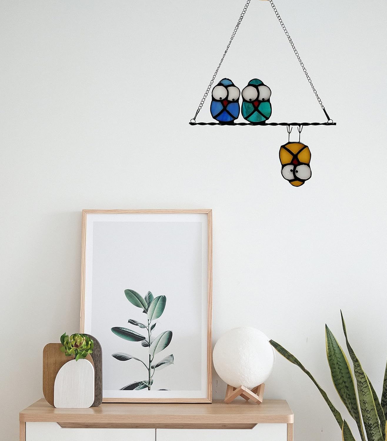 Multicolor Owl on a Wire Stained Glass Window Hanging, Bird Suncatcher for Windows Panels Hangings Hummingbird Ornament Decoration for Wall Home Garden Decor Bird Gift for Owl Lovers