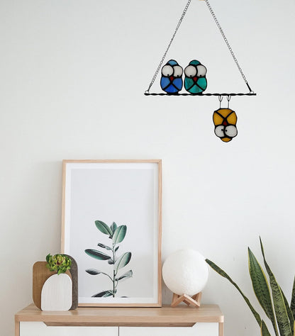 Multicolor Owl on a Wire Stained Glass Window Hanging, Bird Suncatcher for Windows Panels Hangings Hummingbird Ornament Decoration for Wall Home Garden Decor Bird Gift for Owl Lovers
