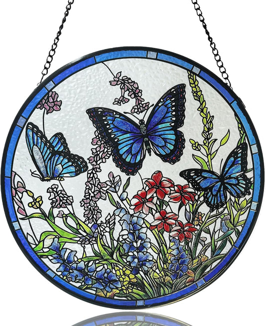 Lager Butterfly Suncatchers for Windows, Butterfly Stained Glass Window Hanging, 9.8 inch