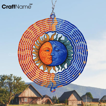 Personalized Sun & Lunar Wind Spinner 3D Stainless Steel, Sun Garden Spinner Hanging Outdoor Decor, Wind Spinners Outdoor, Custom Gift for Grandmother, Mom, Wife
