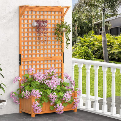 S AFSTAR Raised Garden Bed with Trellis, Wood Elevated Planter Box with Hanging Roof & Climbing Trellis, 4 Drainage Holes, 72.5" Tall Freestanding Planter Container for Vine Climbing Plants Flowers