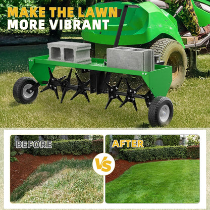 40" Lawn Aerator Tow Behind, Pull Behind Aerator with Universal Hitch, 24 Galvanized Steel Tines, Tray and Pneumatic Tires, Plug Behind Aerator is Suitable for Gardens, Lawns and Farms