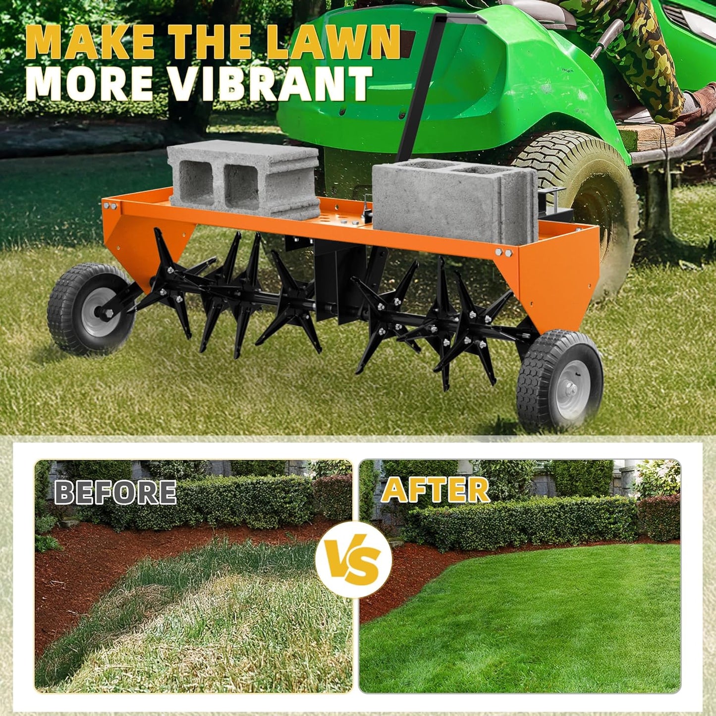 48" Lawn Aerator Tow Behind, Pull Behind Aerator with Universal Hitch, 32 Galvanized Steel Tines, Tray and Pneumatic Tires, Plug Behind Aerator is Suitable for Gardens, Lawns and Farms