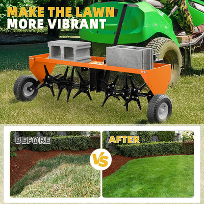 48" Lawn Aerator Tow Behind, Pull Behind Aerator with Universal Hitch, 32 Galvanized Steel Tines, Tray and Pneumatic Tires, Plug Behind Aerator is Suitable for Gardens, Lawns and Farms