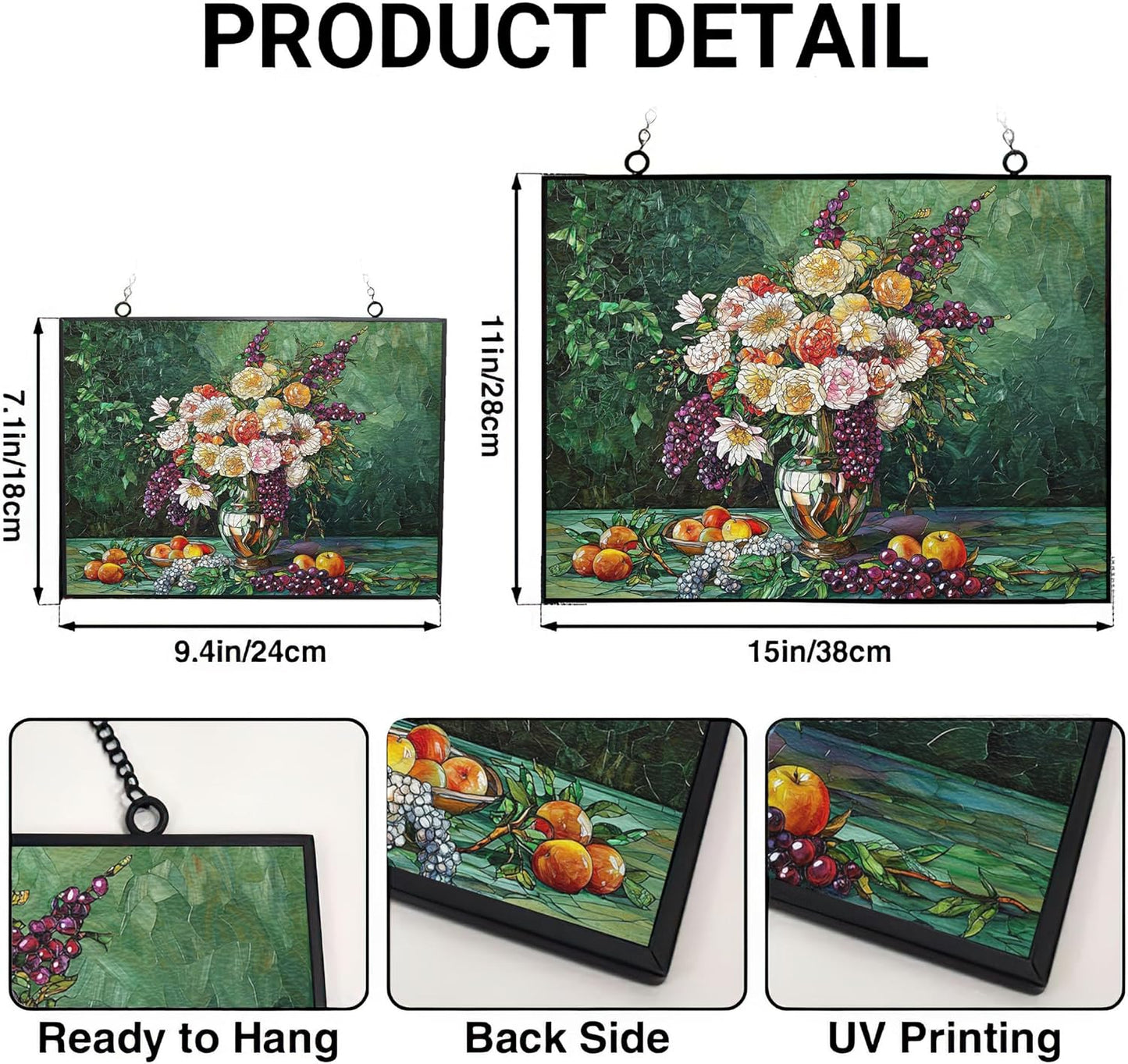 Customized Rectangle Flower Vase with Fruit Stained Glass Window Hangings, Handcrafted Stained Glass Suncatchers, Gift for Cat Lovers Nature Lovers 15"x11"