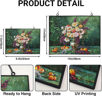 Customized Rectangle Flower Vase with Fruit Stained Glass Window Hangings, Handcrafted Stained Glass Suncatchers, Gift for Cat Lovers Nature Lovers 15"x11"