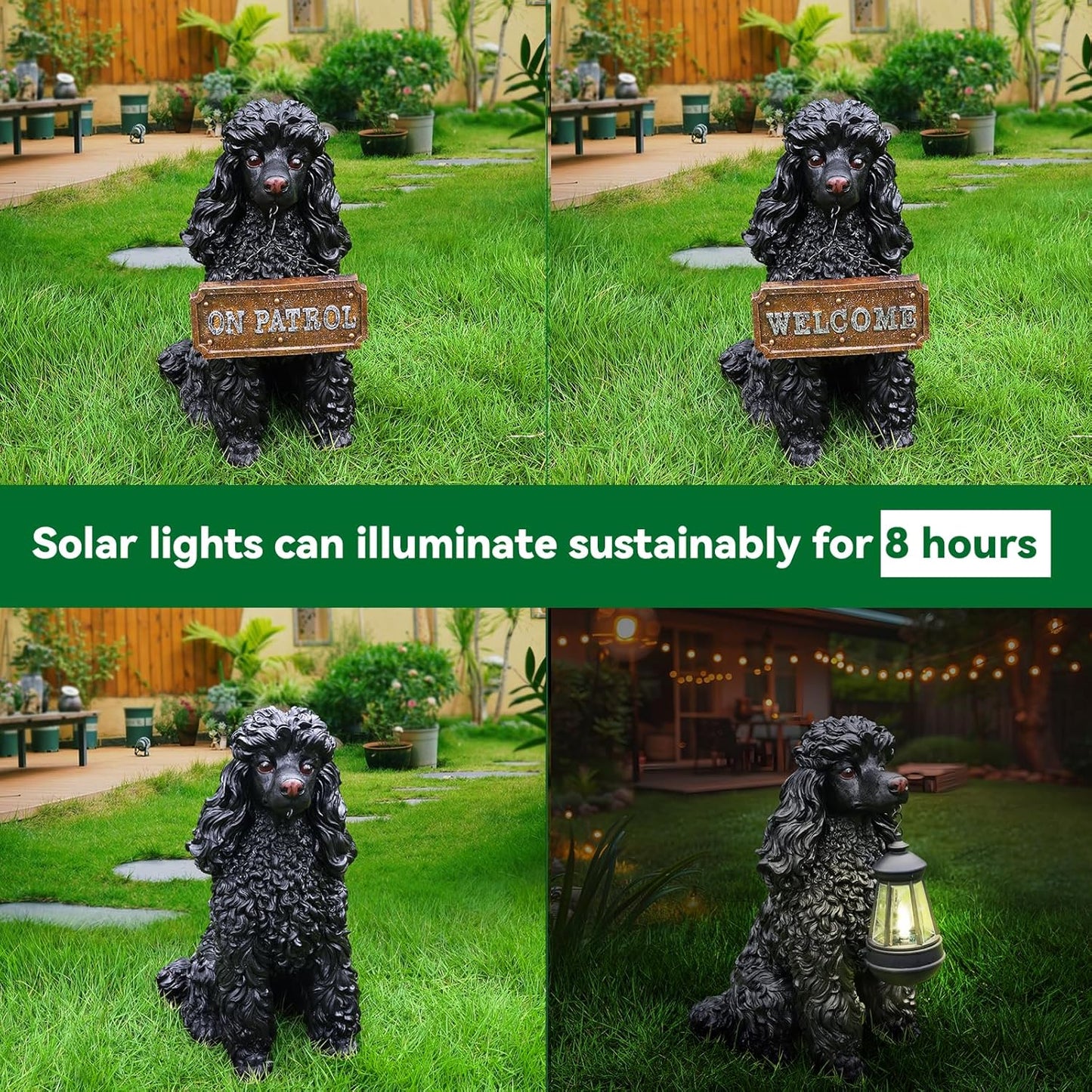 Porch Greeter Dog Statue with Flip-Over “Welcome/ON Patrol” Hanging Plaque and Solar Walkway Lantern, Black Sitting Poodle Yard Accent