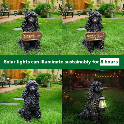 Porch Greeter Dog Statue with Flip-Over “Welcome/ON Patrol” Hanging Plaque and Solar Walkway Lantern, Black Sitting Poodle Yard Accent
