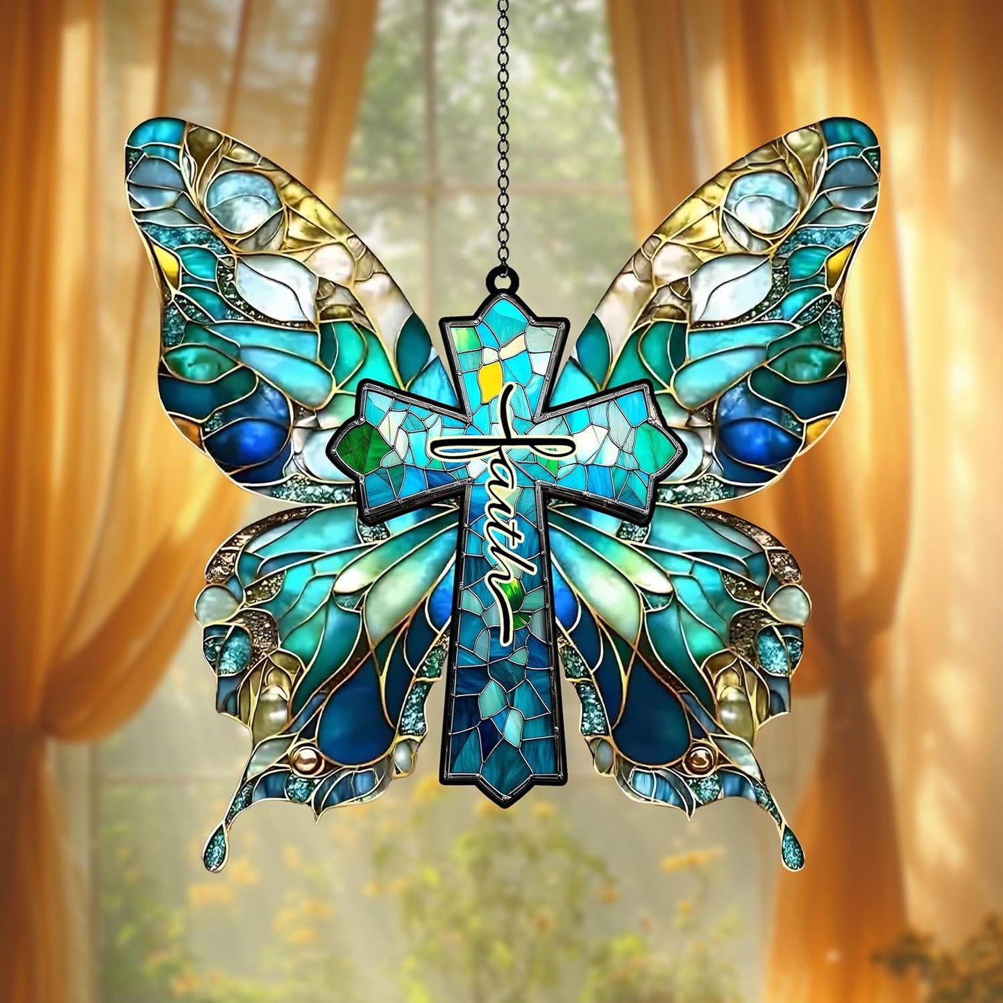 Butterfly Cross Acrylic Suncatcher Window Hanging Blue Christian Home Decor Religious Wall Art Gift