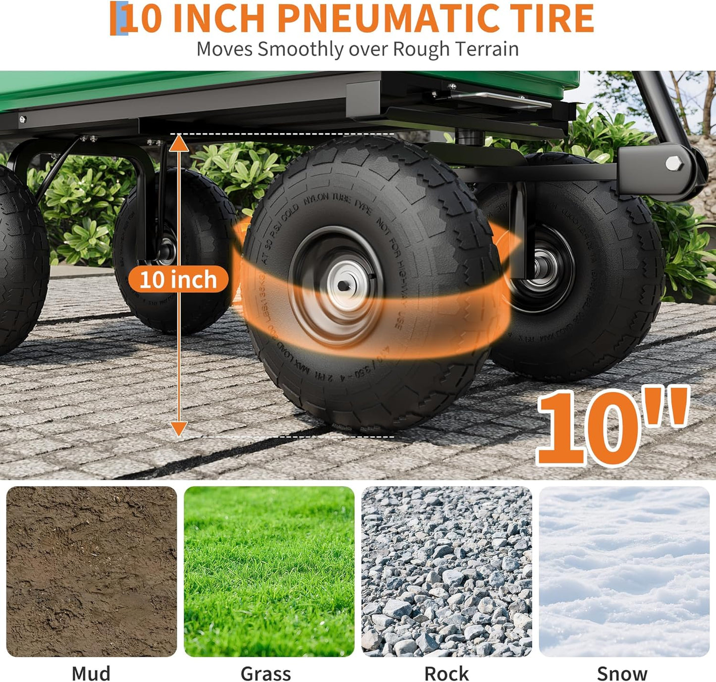Garden Dump Cart, 4 Cu.Ft. 600Lbs Garden Cart, Heavy-Duty 4 Wheel Wheelbarrow Yard Cart with 10-Inch All-Terrain Wheels, Features A Quick-Release Tipping Function, for Courtyards, Farm, Gardening