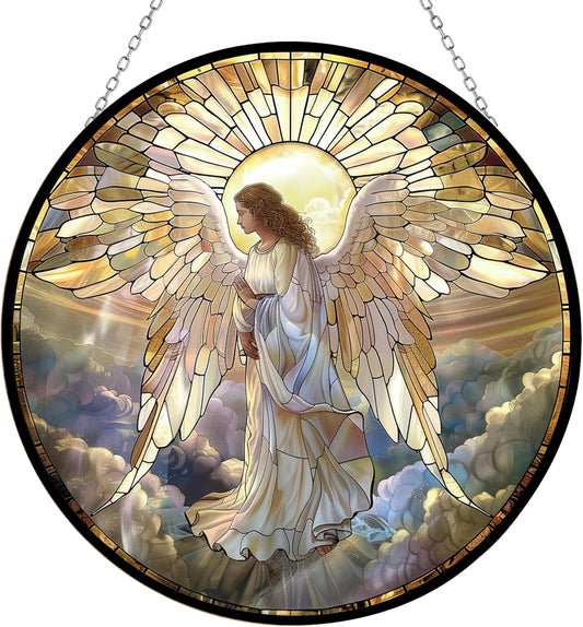 Angel Stained Glass Cat Sun Catcher, Wall Hanging Colored Decor Room Indoor Window Decor