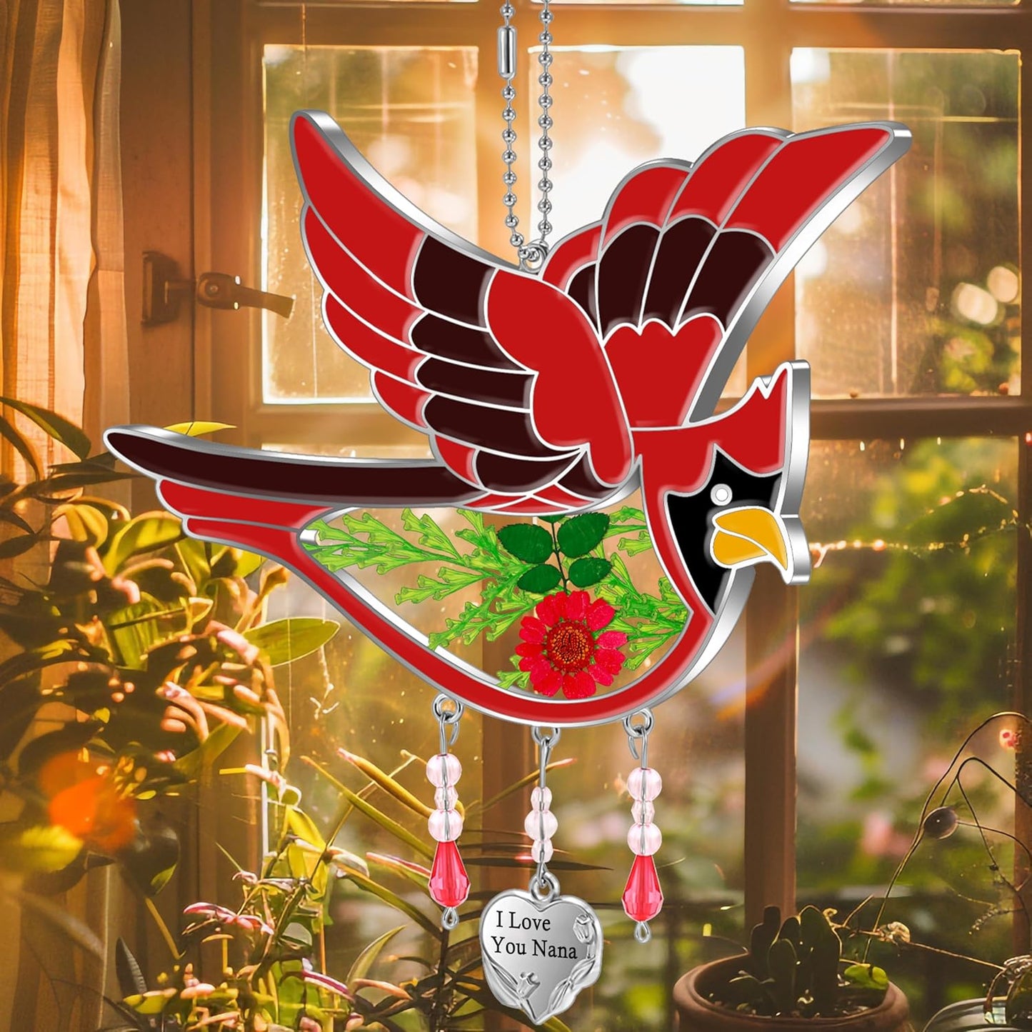 KY&BOSAM Cardinal Suncatcher Nana Gifts Stained Glass for Windows Hangings Wind Chime Ornament,Pressed Real Flowe and Heart I Love You Nana Charm Birthday for Mom Christmas Decor