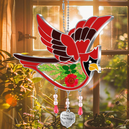KY&BOSAM Cardinal Suncatcher Nana Gifts Stained Glass for Windows Hangings Wind Chime Ornament,Pressed Real Flowe and Heart I Love You Nana Charm Birthday for Mom Christmas Decor