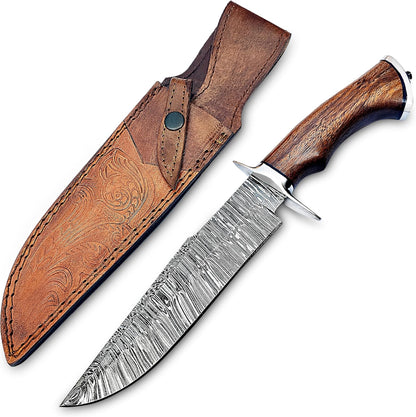 Handmade Damascus Bowie Knife 14″ Hunting Knife With Sheath - Fixed Blade Bushcraft Knife With Wood Handle - Ideal For Chopping, Camping Outdoor Use