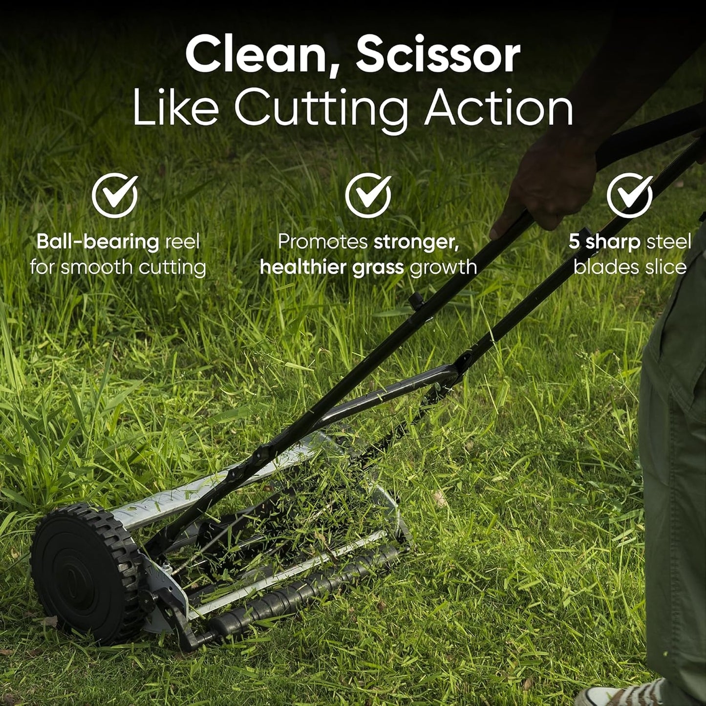 16" Push Reel Lawn Mower – Manual 5-Blade Hand Mower with Adjustable 3-Position Cutting Height (0.5"–1.75") – Lightweight, Eco-Friendly, Steel Blades – 2-Year Warranty