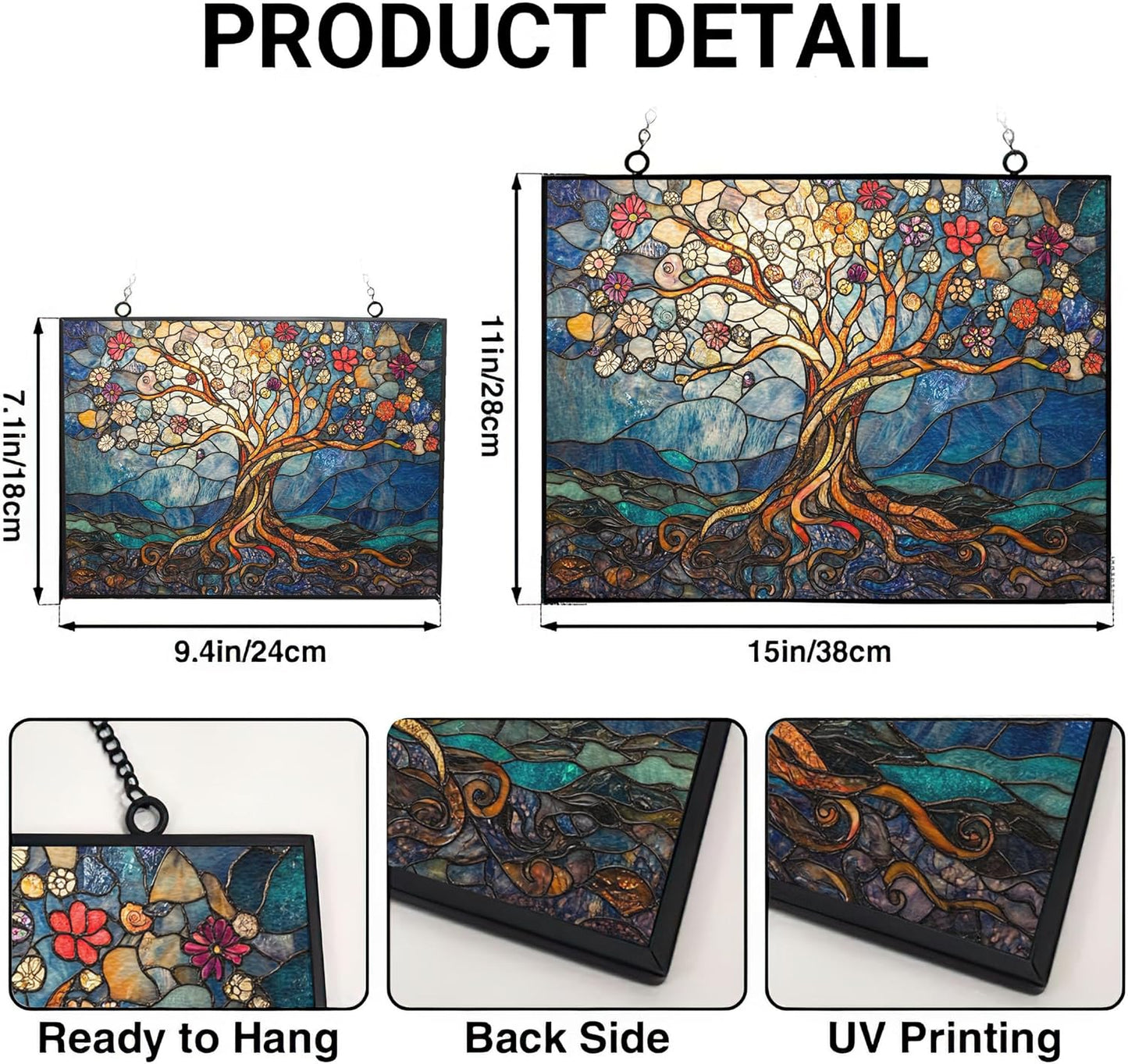 Rectangle Art Nouveau Tree of Life Suncatcher Indoor/Outdoor Stained Glass Window Hanging Handmade Suncatchers Home Decor Garden Christmas Party Wedding Housewarming Gifts