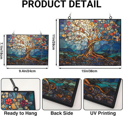 Rectangle Art Nouveau Tree of Life Suncatcher Indoor/Outdoor Stained Glass Window Hanging Handmade Suncatchers Home Decor Garden Christmas Party Wedding Housewarming Gifts