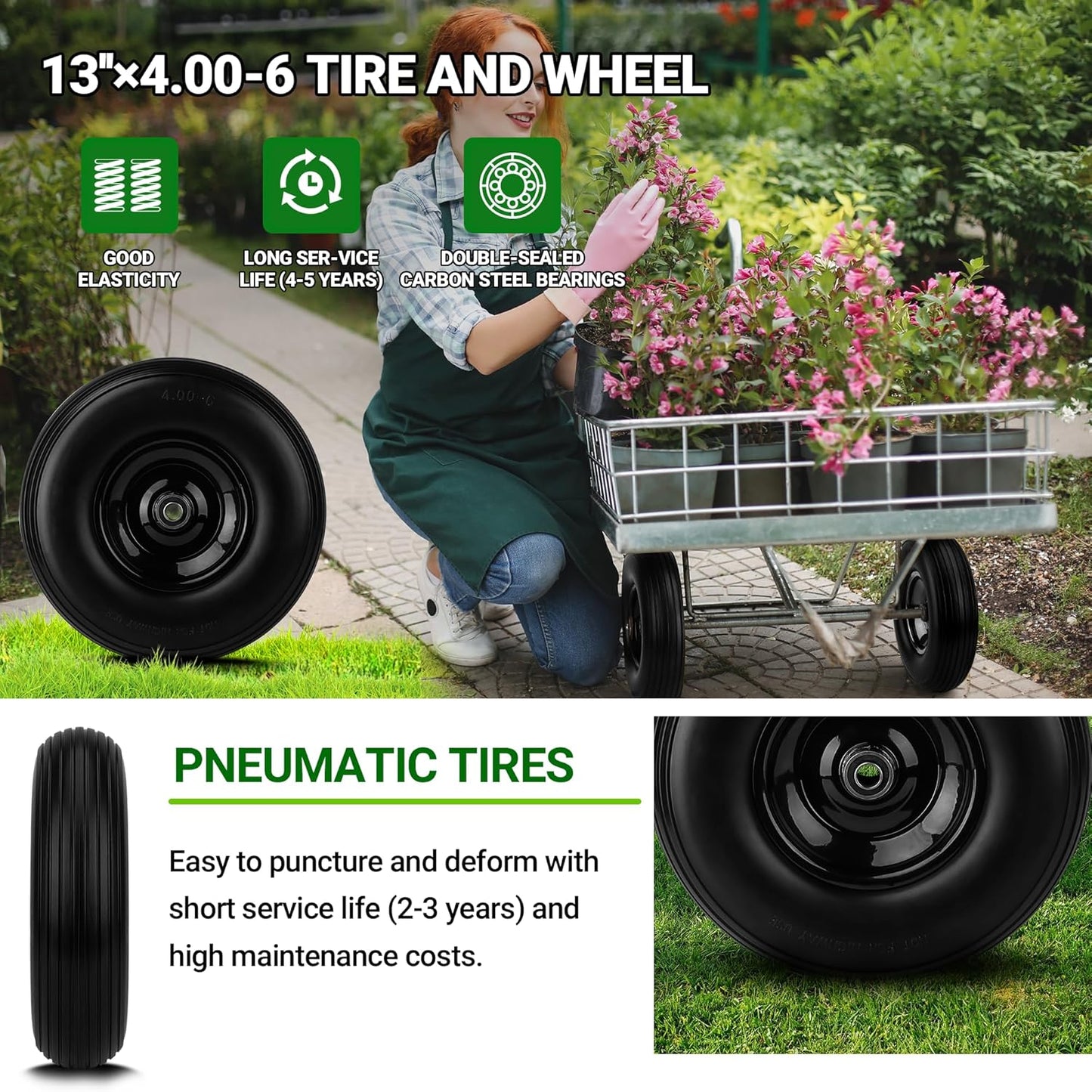 Upgrade 13Inch Wheelbarrow Tires 4.00-6 Flat Free Tire And Wheel with 5/8" & 3/4" Bearings, 1.77"-5.75" Center Hub for Wheelbarrows Garden Wagon Cart Wheel Replacement by NISHCON, 1Pack