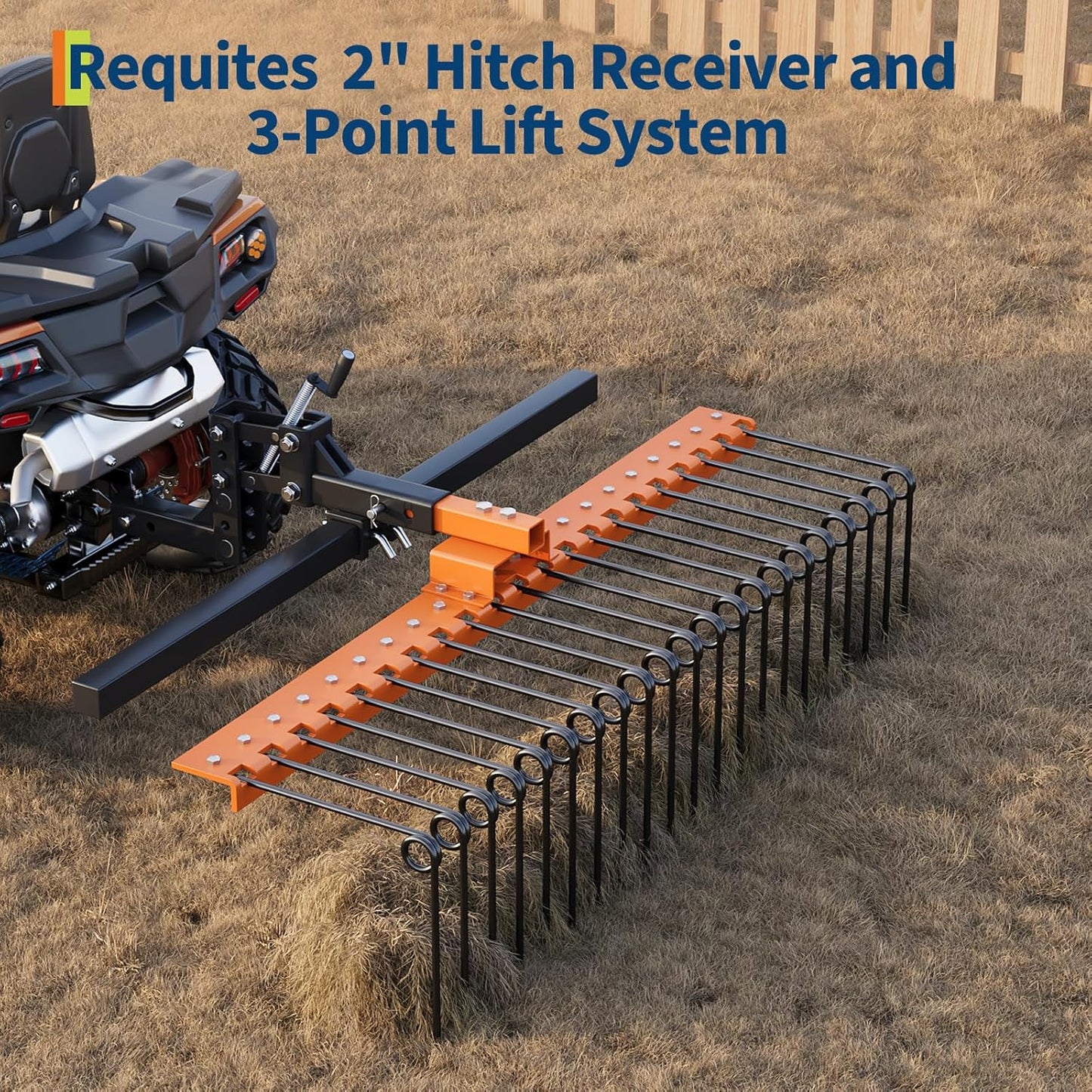 48 in Durable Pine Straw Rake Steel Spring Landscape Rake Fits 2 in Receiver for Lawn Tractors or ATV/UTV, Orange