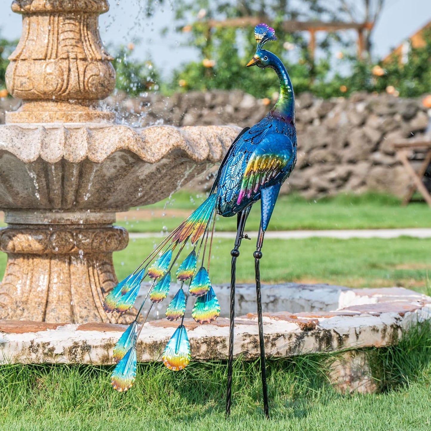 TERESA'S COLLECTIONS Outdoor Decor Peacock Yard Art Garden Sculptures & Statues for Porch Decor,35'' Blue Large Metal Bird Garden Decor for Outside, Yard Decorations Outdoor for Patio,Gifts for Mom