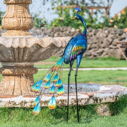 TERESA'S COLLECTIONS Outdoor Decor Peacock Yard Art Garden Sculptures & Statues for Porch Decor,35'' Blue Large Metal Bird Garden Decor for Outside, Yard Decorations Outdoor for Patio,Gifts for Mom