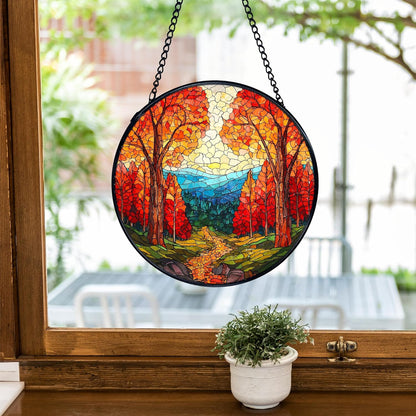 TNUW Fall Forest Stained Glass Window Hanging, Rustic Autumn Landscape Sun Catchers Indoor Window Glass Round Wall Art Decor, Fall Autumn Wall Hanging Decorations, 7.9＂x7.9＂