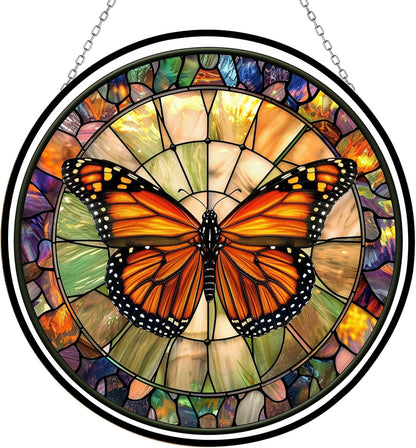Monarch Butterfly Decor Stained Glass Suncatcher - Window Wall Hanging Ornament Hand-Painted Glass Panel Sun Catcher - Decoration for Home Garden Christmas Party Wedding Housewarming Gift