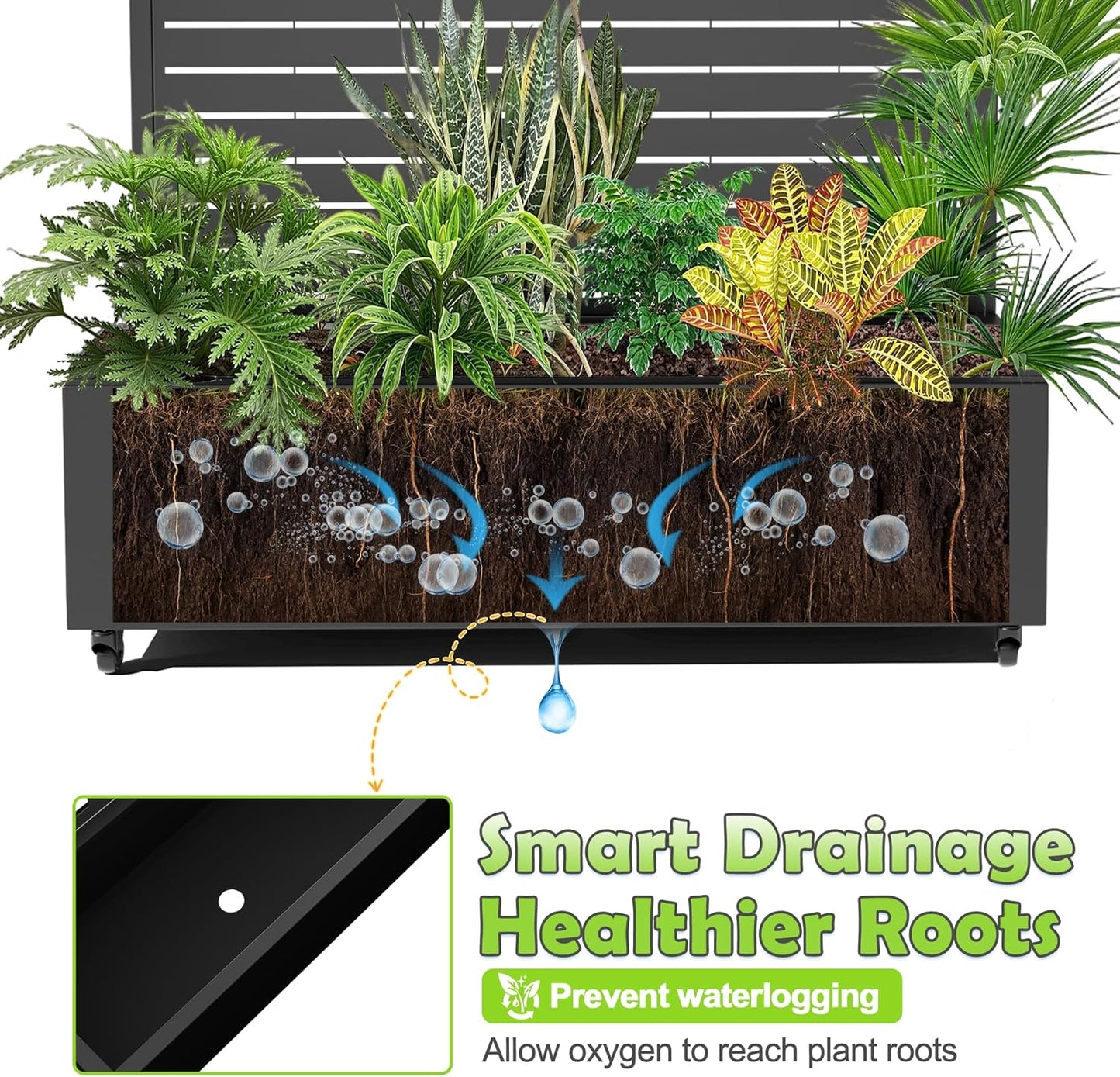 15.7"×70.9"×47.2" Metal Raised Garden Bed with Trellis and Wheels - Tall Trellis Planter Box for Climbing Plants, Vegetables & Vines - Outdoor Privacy Planters for Patio (Black-Louvered)