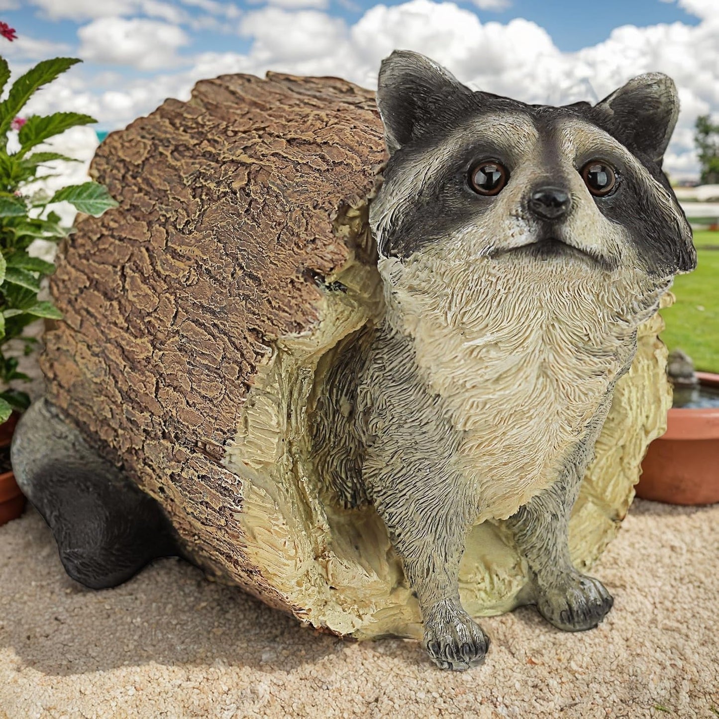 Garden 10.2" Raccoon Statue, Cute Outdoor Raccoon Decor, Resin Realistic Figurine, Animal Themed Garden Accent Art, Landscape Accent Gift Sculpture for Yard Patio Lawn Art