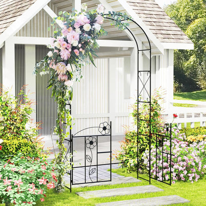Giantex Garden Arbor with Gate, 7.5FT Metal Arch Trellis for Climbing Plants Rose Ivy, Archway Pergola with Flower Door, 4 Stakes, Garden Arch for Wedding Ceremony Bridal Party Decoration