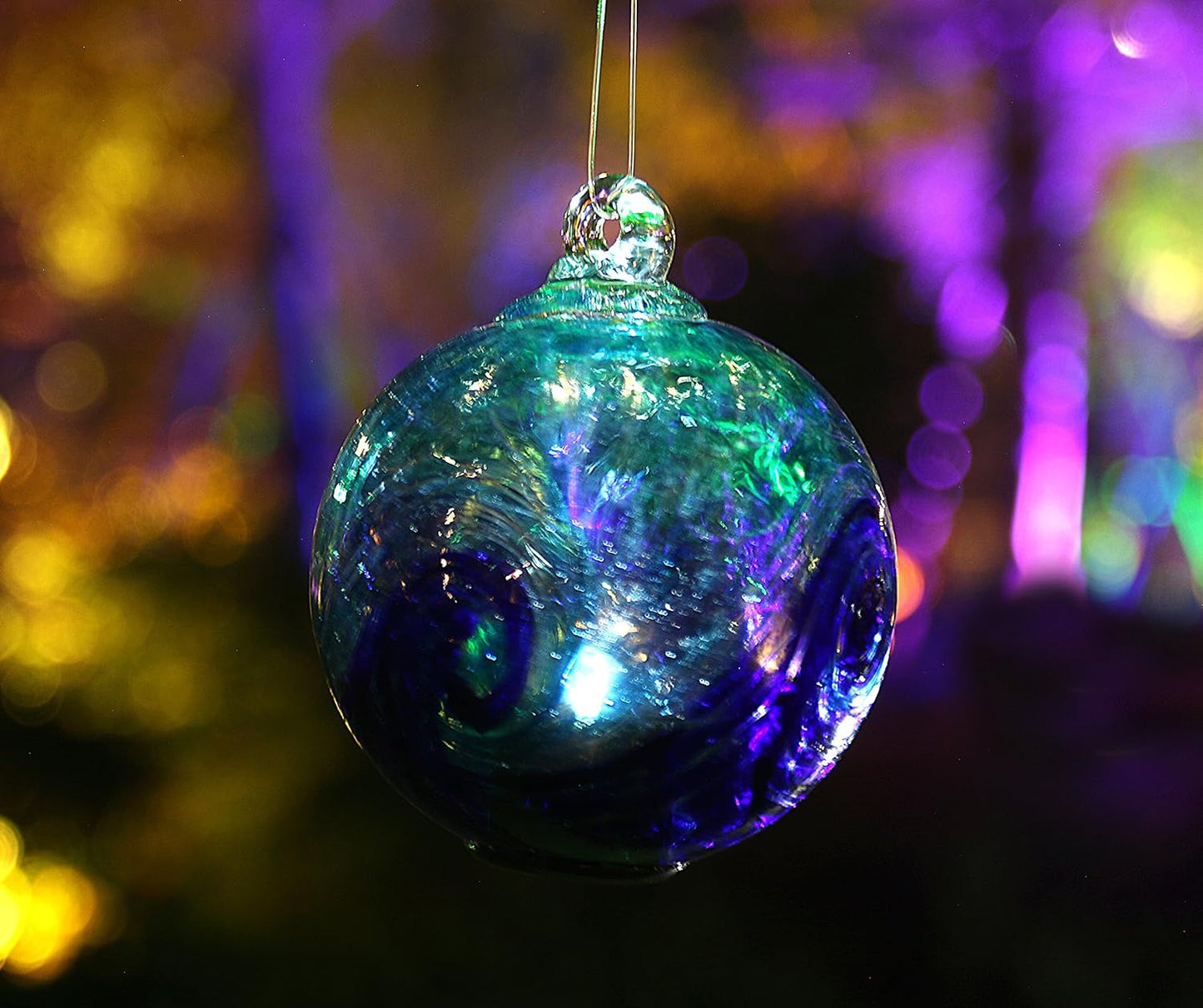 6-Inch Solar Hanging Glass Gazing Ball Outdoor Garden Décor Aqua-Blue Swirl