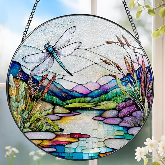 8 Inch Stained Glass Suncatcher Ornament, DOUHASU Dragonfly Sun Catchers Indoor Window, Stained
