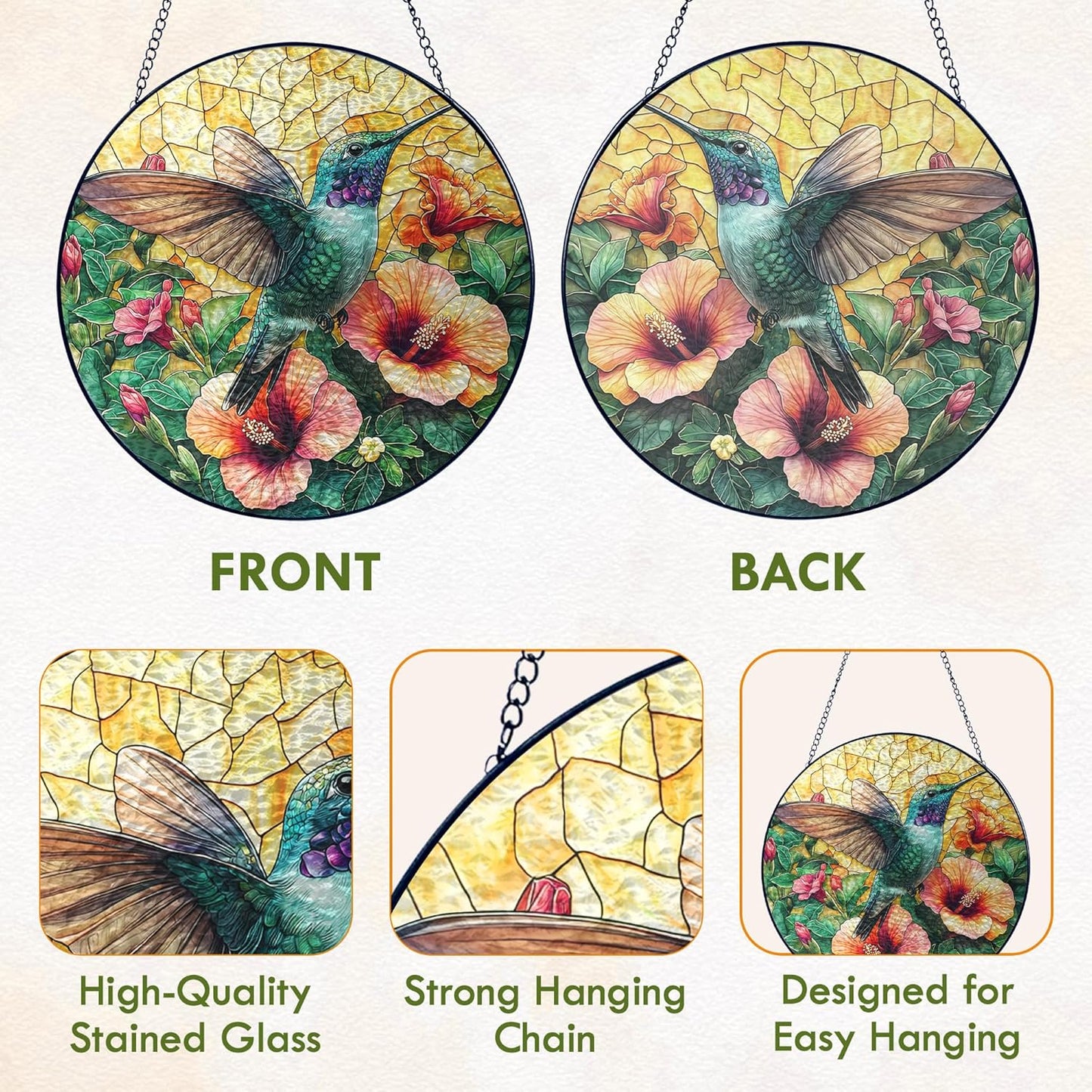 FLAGWIX Christmas Hummingbird Gifts for Women Men - Stained Glass Window Hanging 8 in - Sun Catchers Indoor Window for Home Decor, Hibiscus Hummingbird Suncatcher, Christmas Decorations